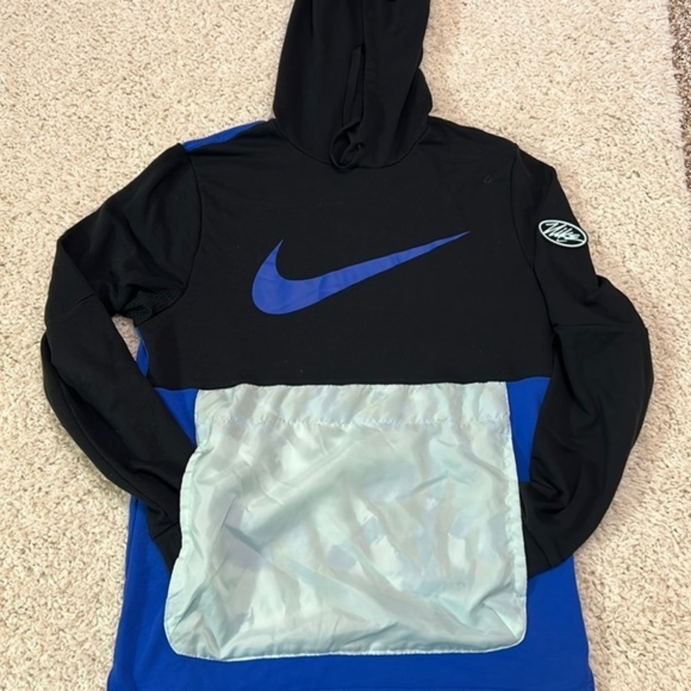 NIKE S hoodie in back and blue with funky front pocket-good preloved condition